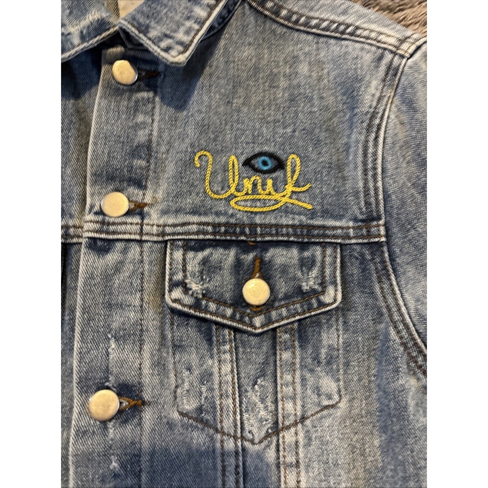 UNIF Outsider Denim Jacket Distressed Rose F*ck Embroidered Size S Small - Picture 3 of 12